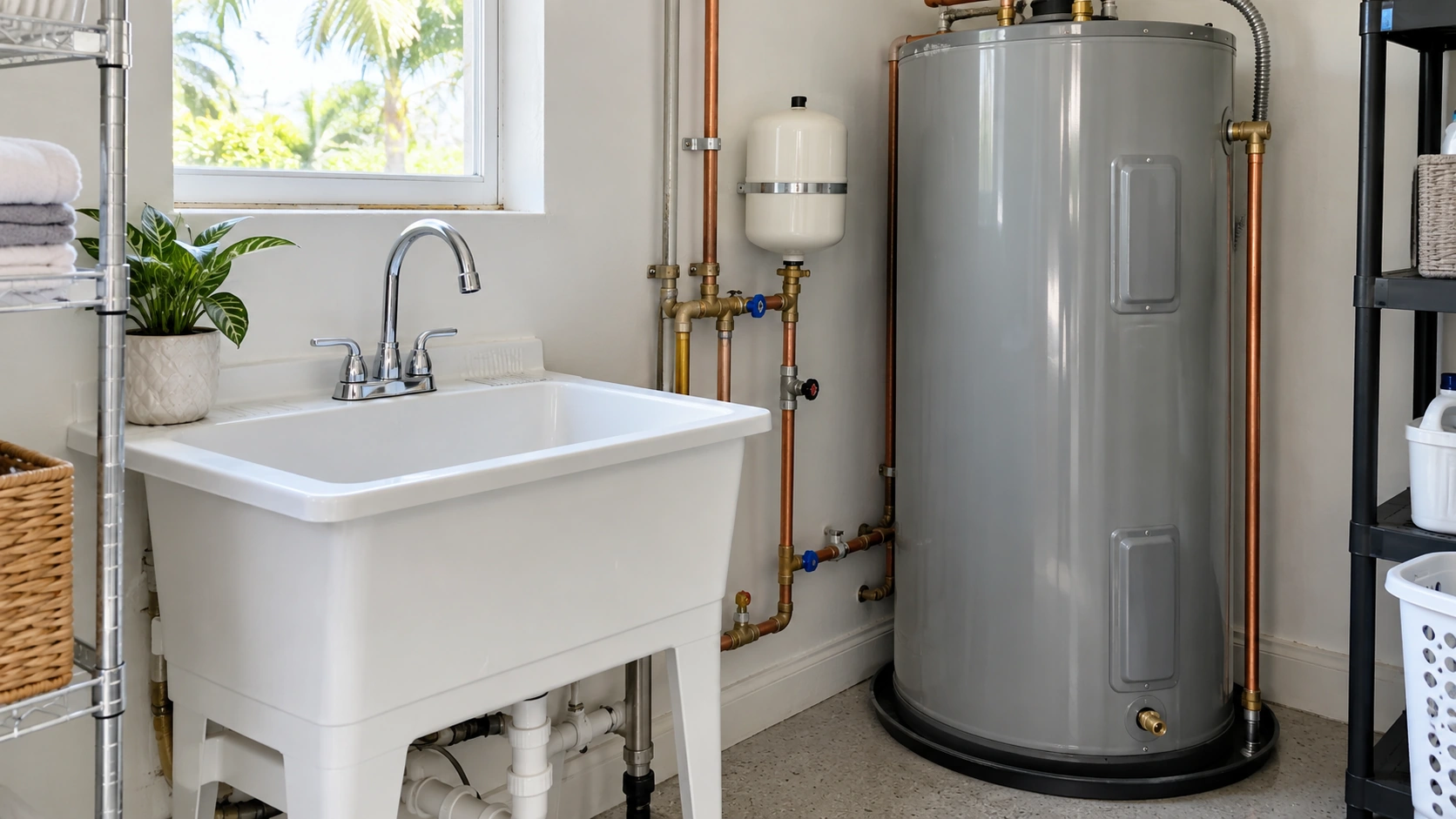 A laundry basin and water heater with their supply connections