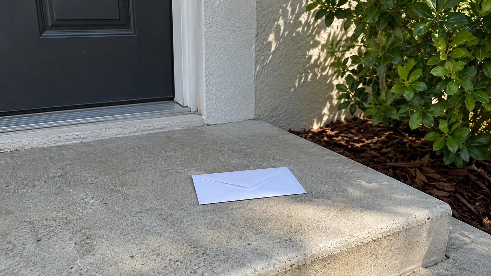 A sealed white envelope on a front step.