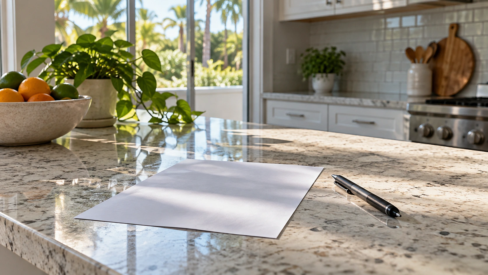 A blank sheet face-down and a pen on a kitchen counter.