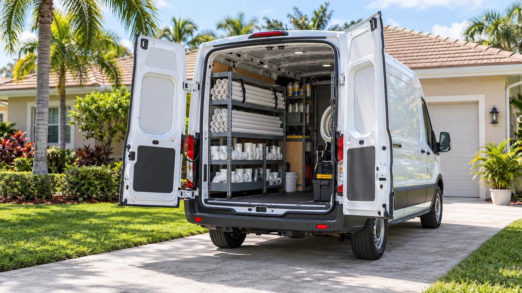 A white Ford Transit with both rear doors open and plumbing pipe and fittings in the cargo area at a South Florida house