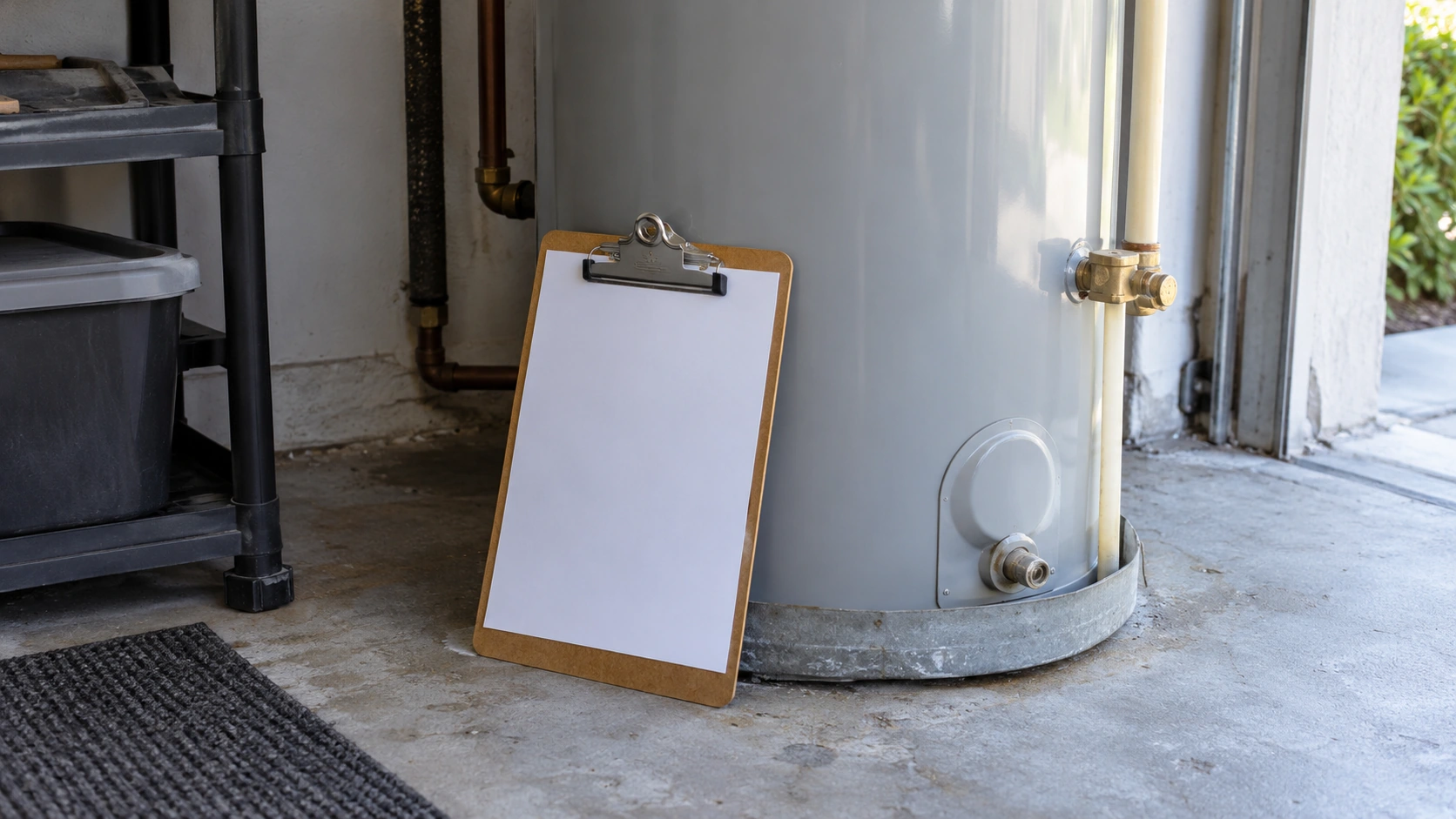 A blank clipboard leaning on a garage water heater.
