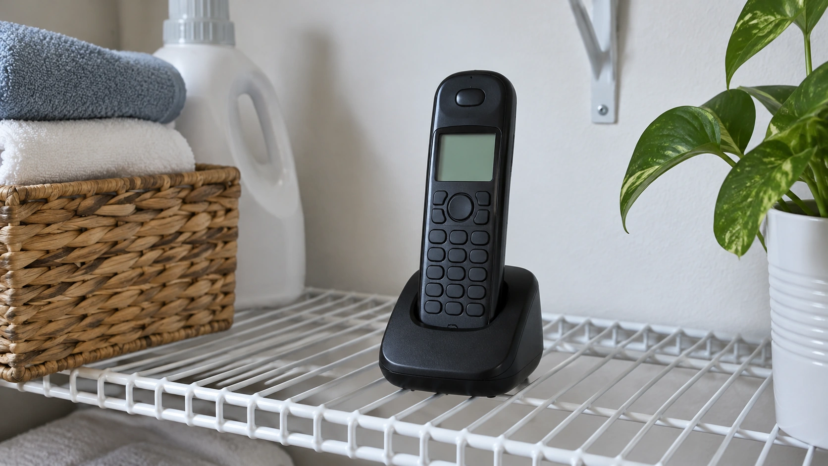 A cordless phone in its cradle on a laundry shelf.
