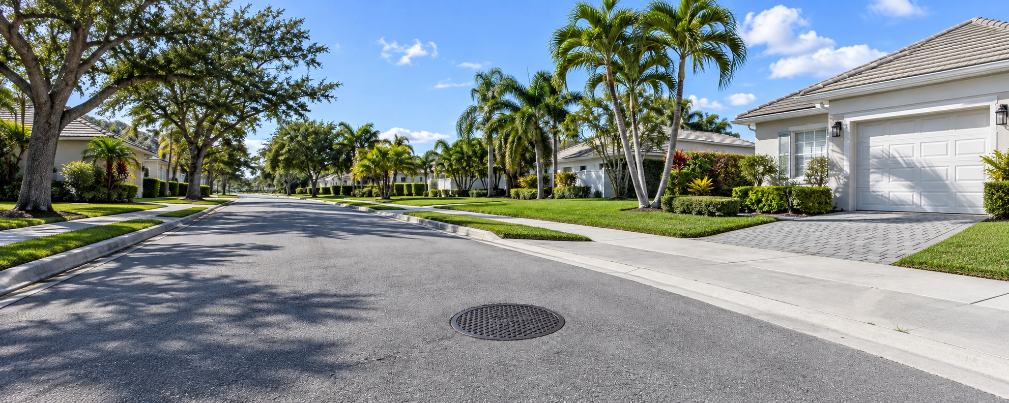 A sewer manhole cover in a South Florida residential street