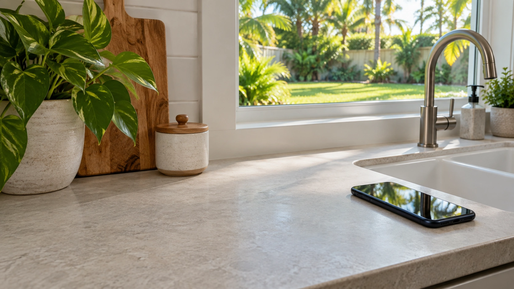 A phone resting on a kitchen counter beside the sink