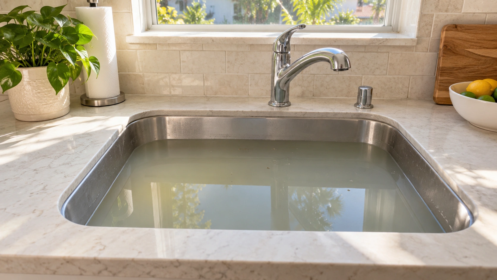 A kitchen sink full of standing water.
