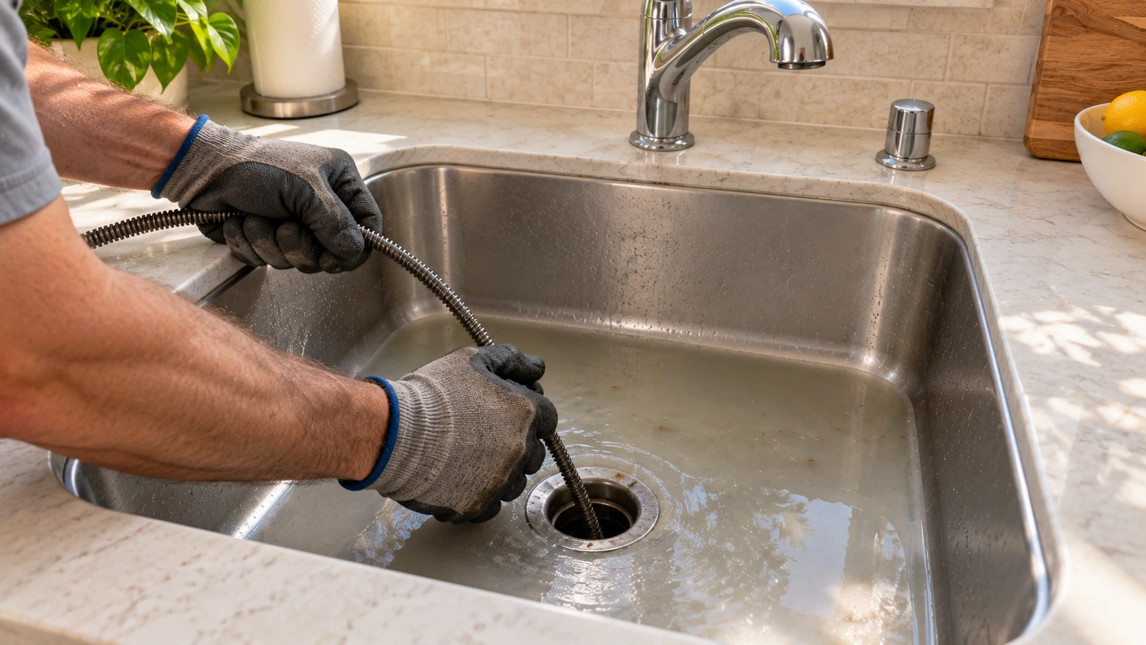 A plumber's hands at a kitchen sink drain, head out of frame.