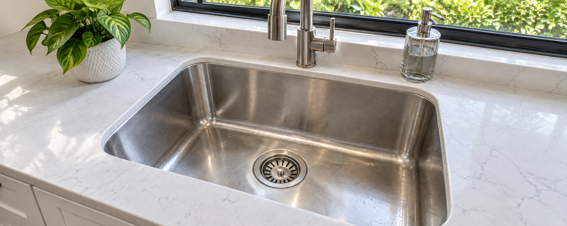 A kitchen sink and its drain in ordinary daylight