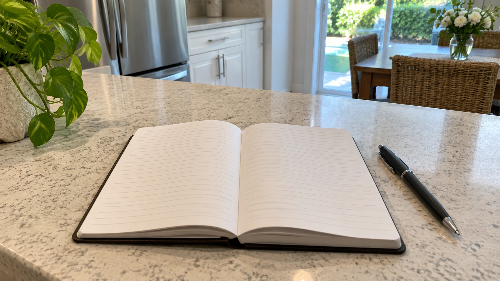 A blank notepad and a pen on a counter.