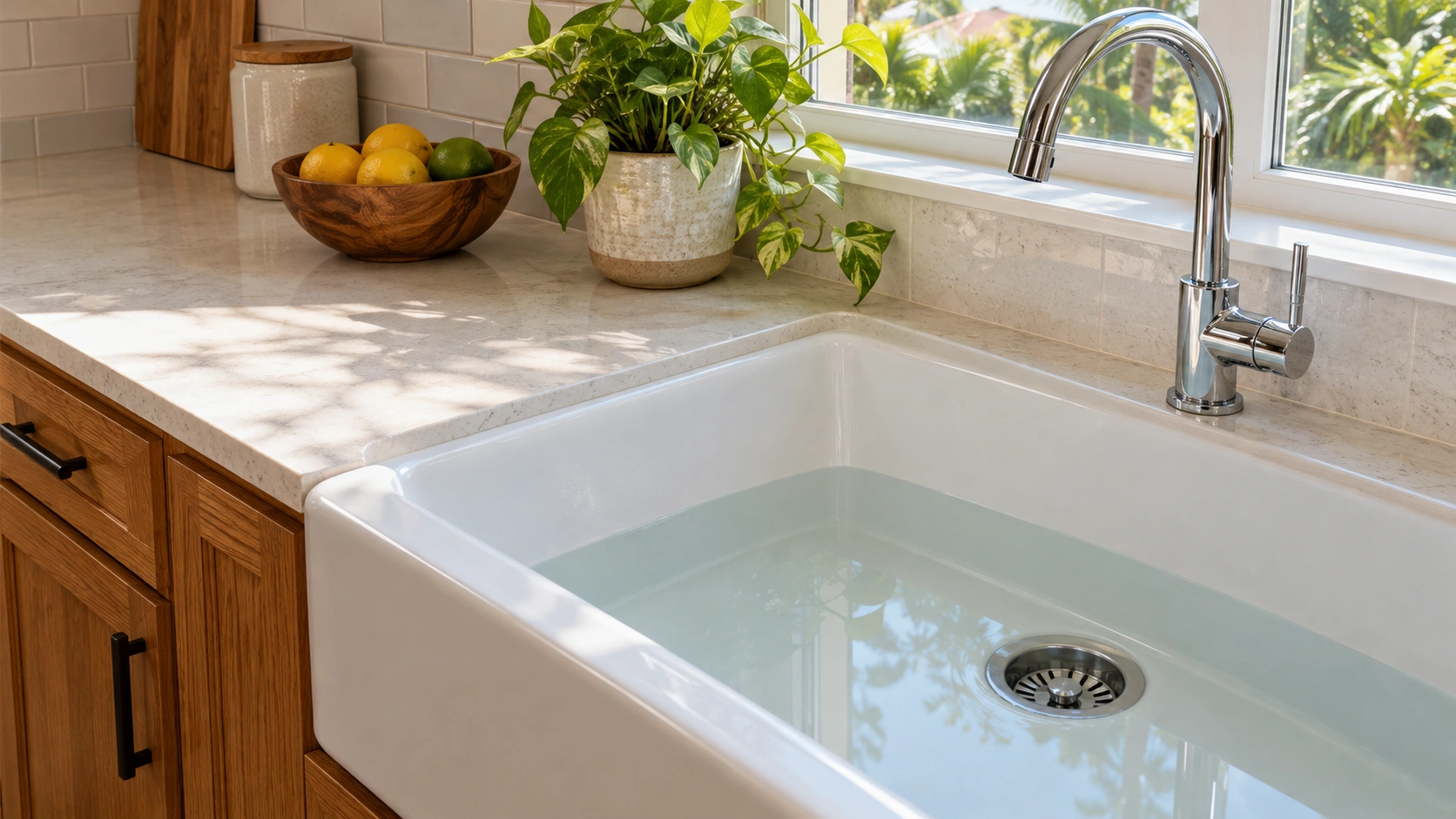 Still water in a kitchen sink with its drain visible