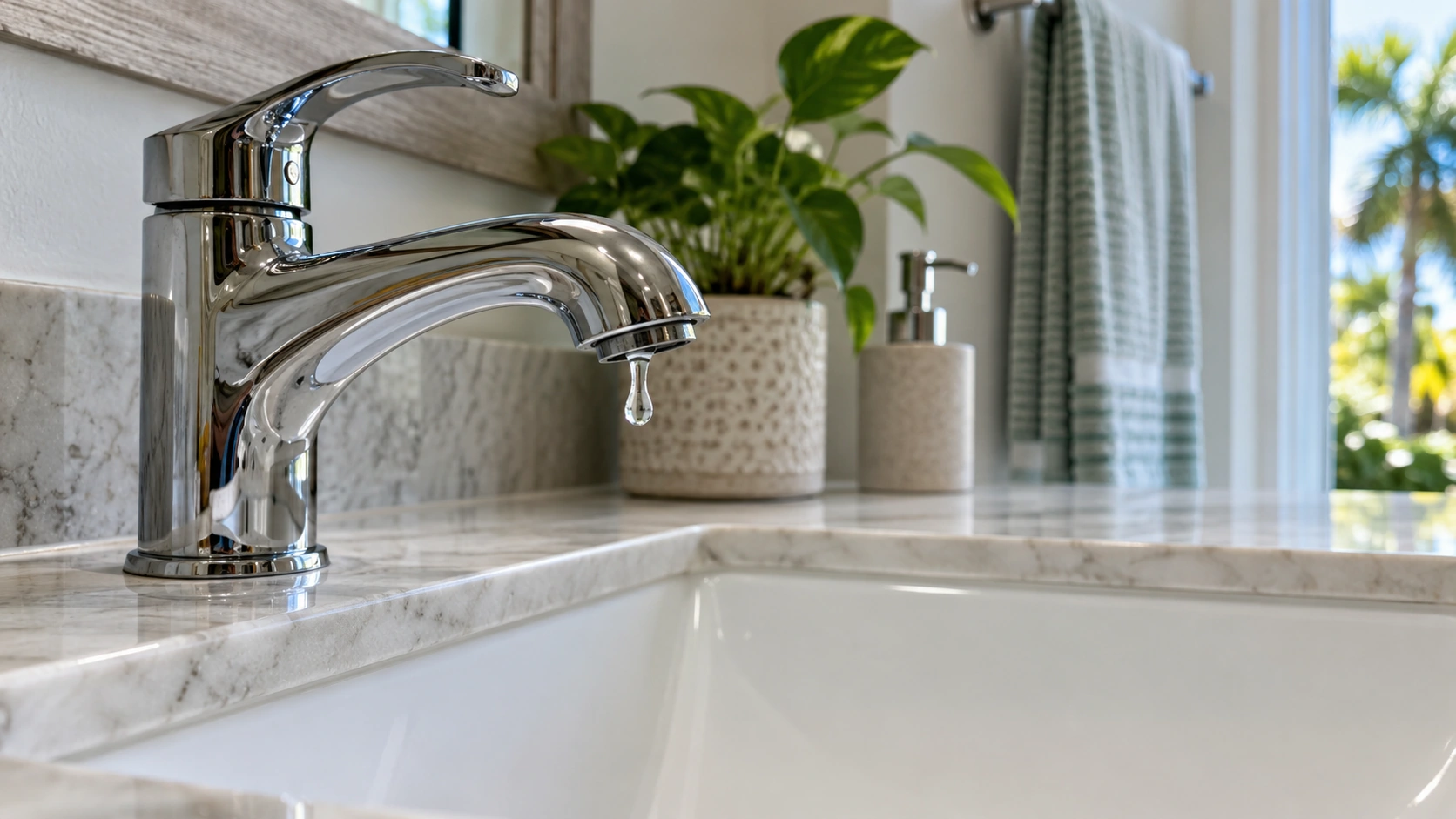 One drip from a bathroom faucet into an empty basin.