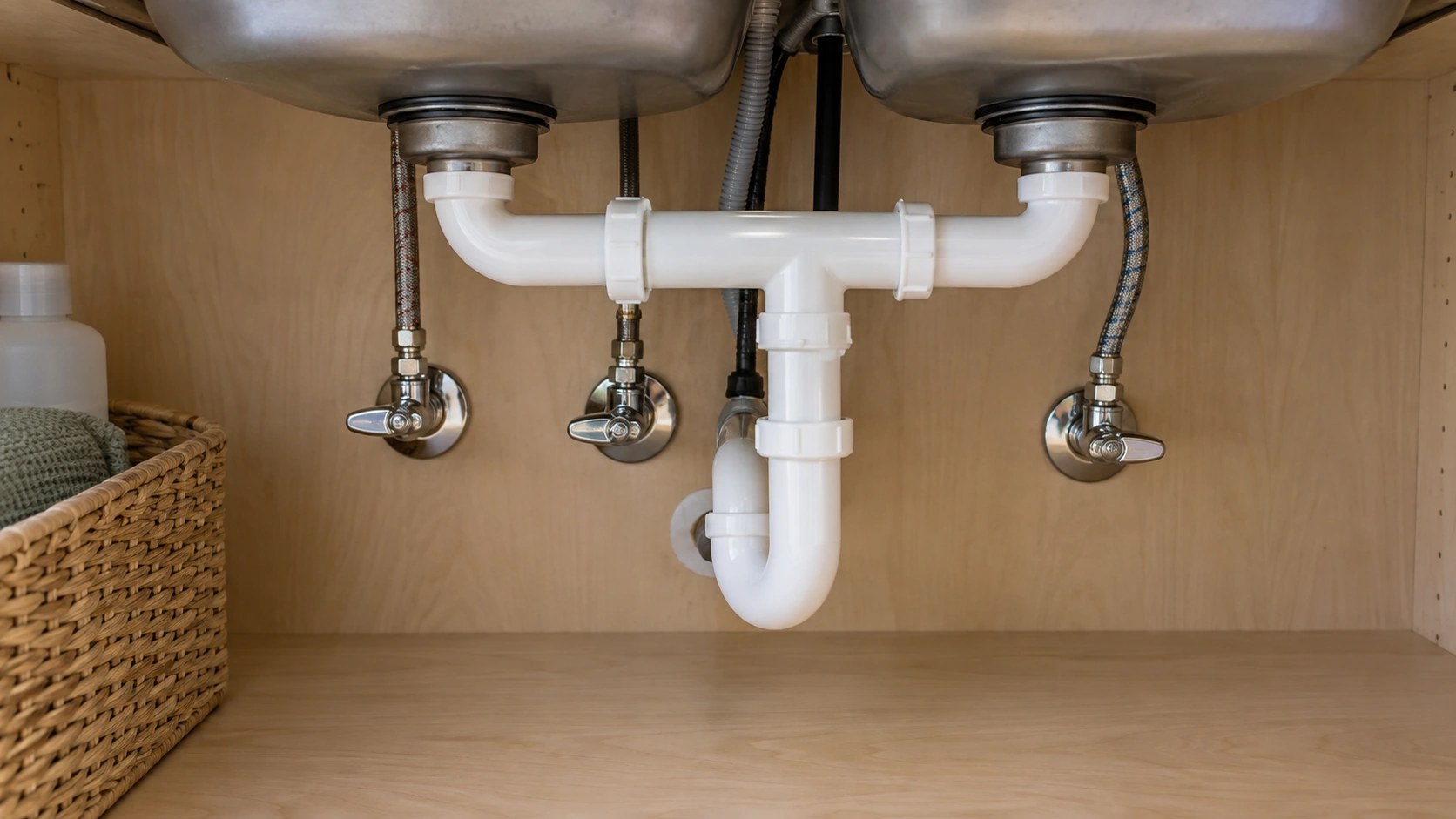 Three supply valves in a dry cabinet.