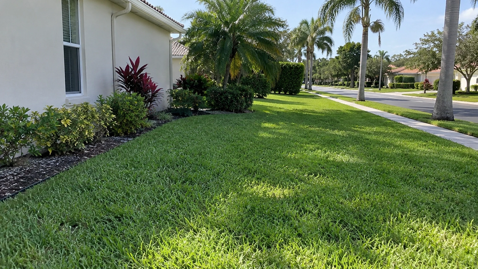 A lawn between a stucco house and the curb.