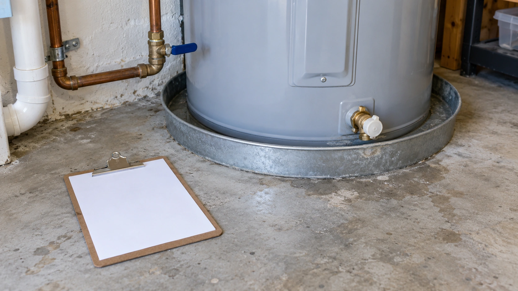 A blank clipboard beside a water heater pan.