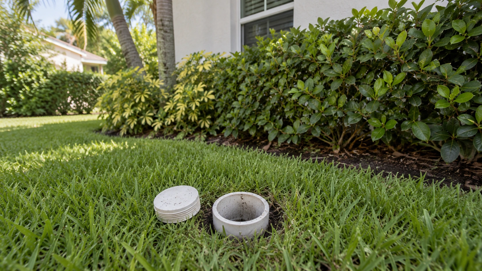 An open sewer cleanout in the grass with its cap beside it.