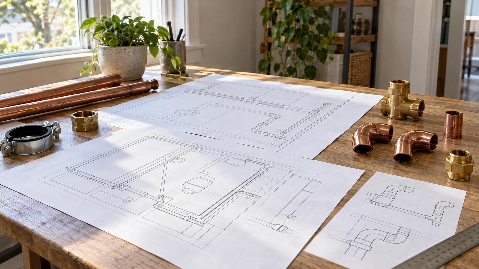 Plumbing line drawings and fittings on a work table