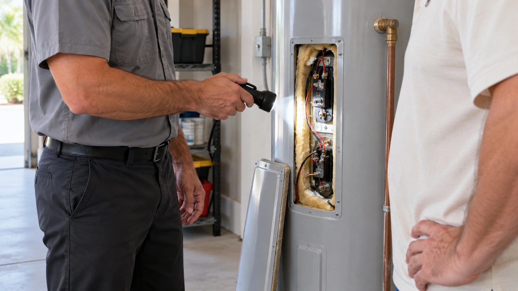 A plumber checking an open water heater with a flashlight, face out of frame.