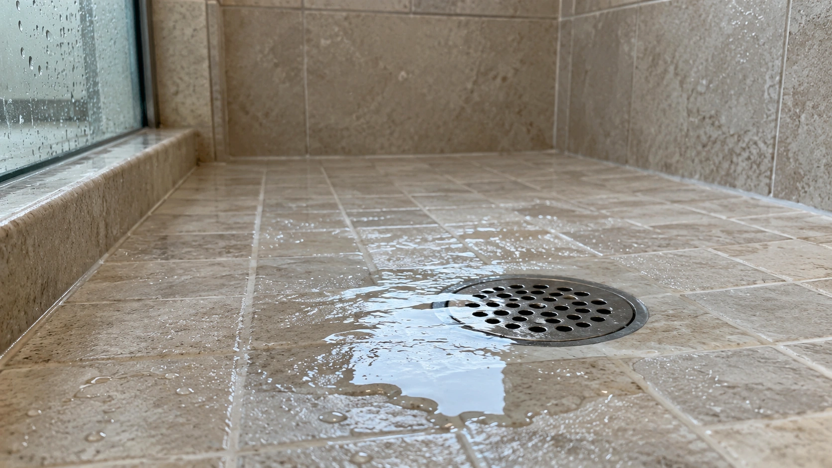 Standing water around a shower drain.