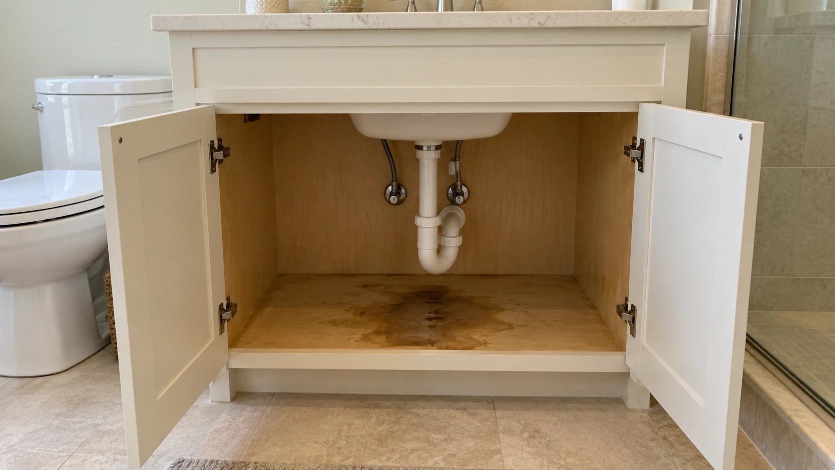 A dark stain on the floor of an open bathroom vanity.