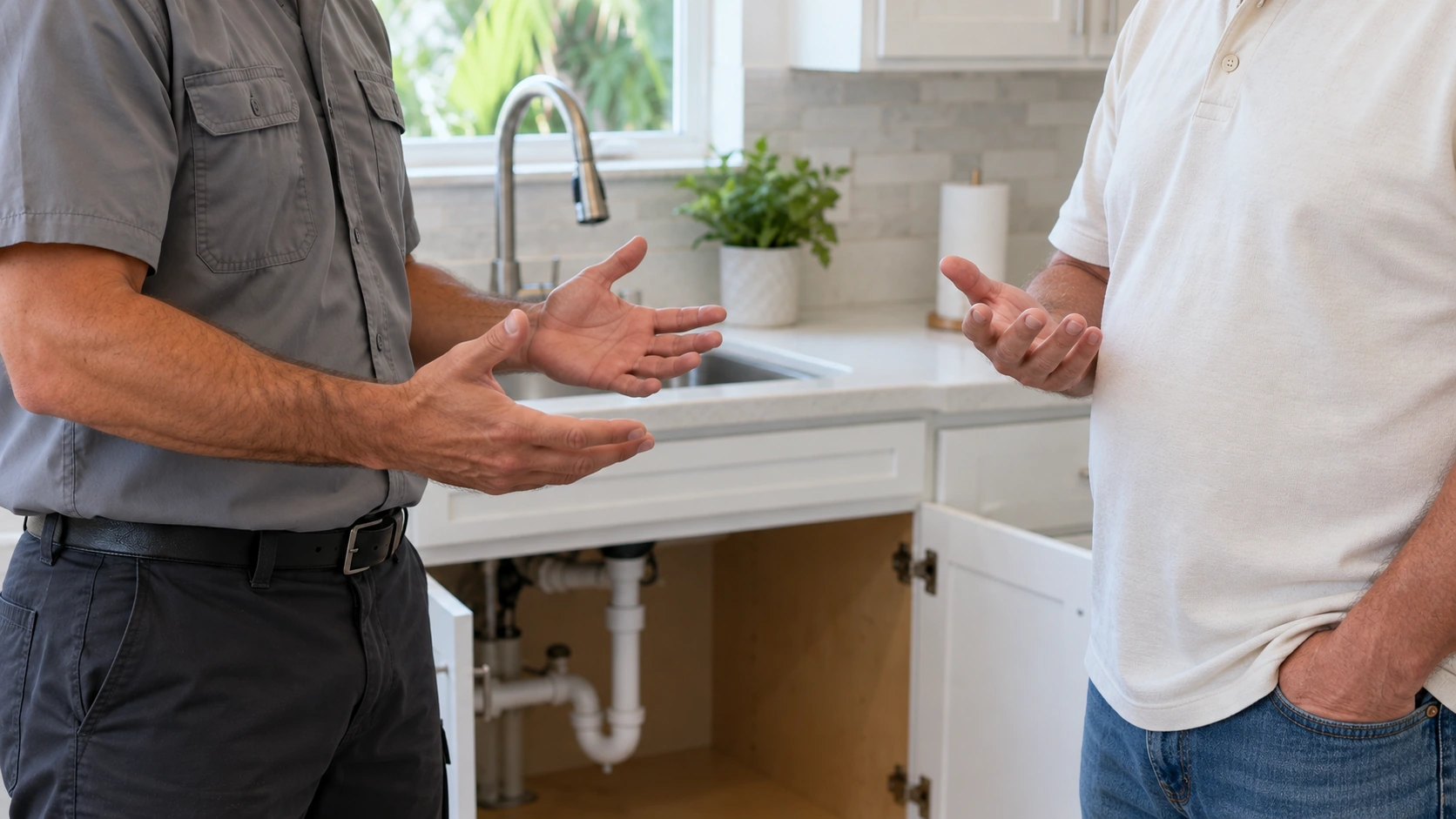 A plumber and a homeowner talking in a kitchen, faces out of frame.