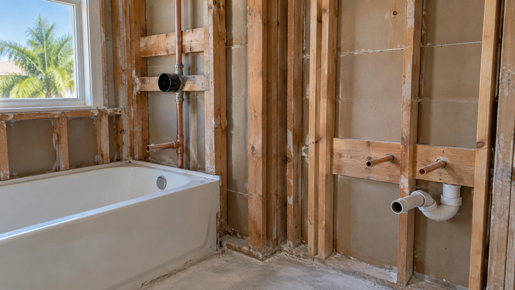 New copper stubs in an unfinished bathroom wall.