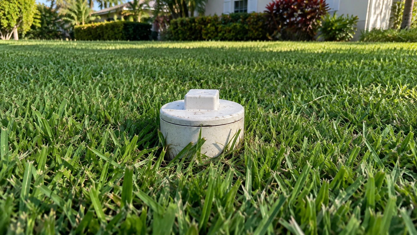A closed sewer cleanout cap in the grass.