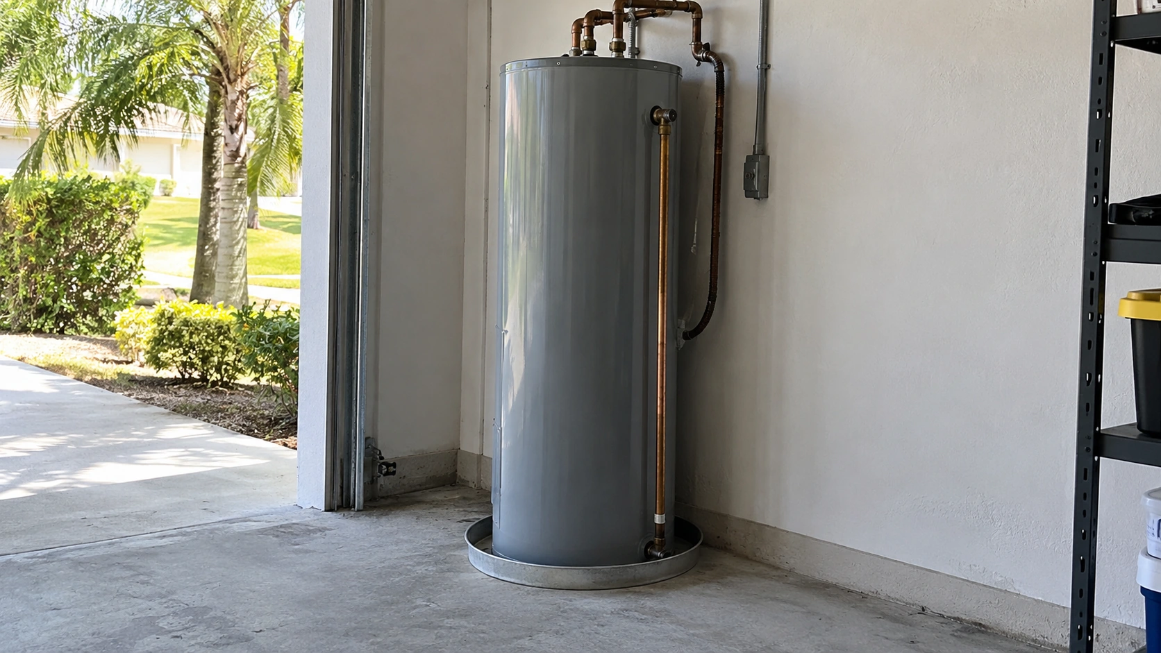 A water heater seen from the side in a bright garage.