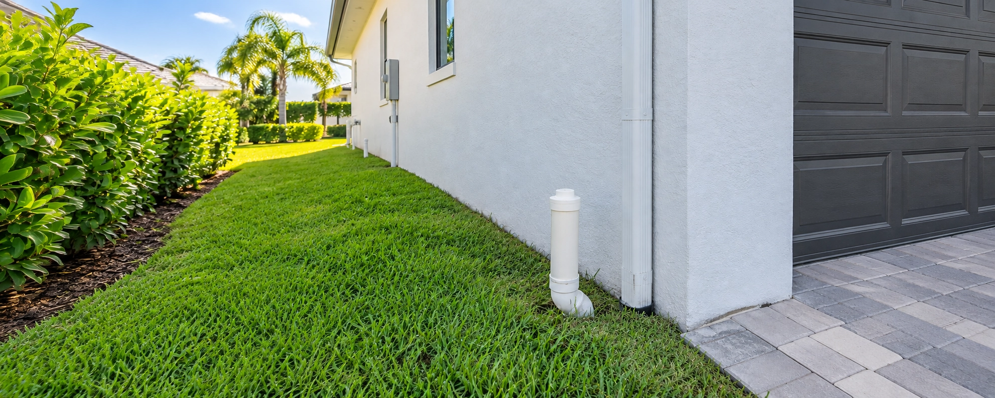 A house sewer cleanout beside a South Florida foundation