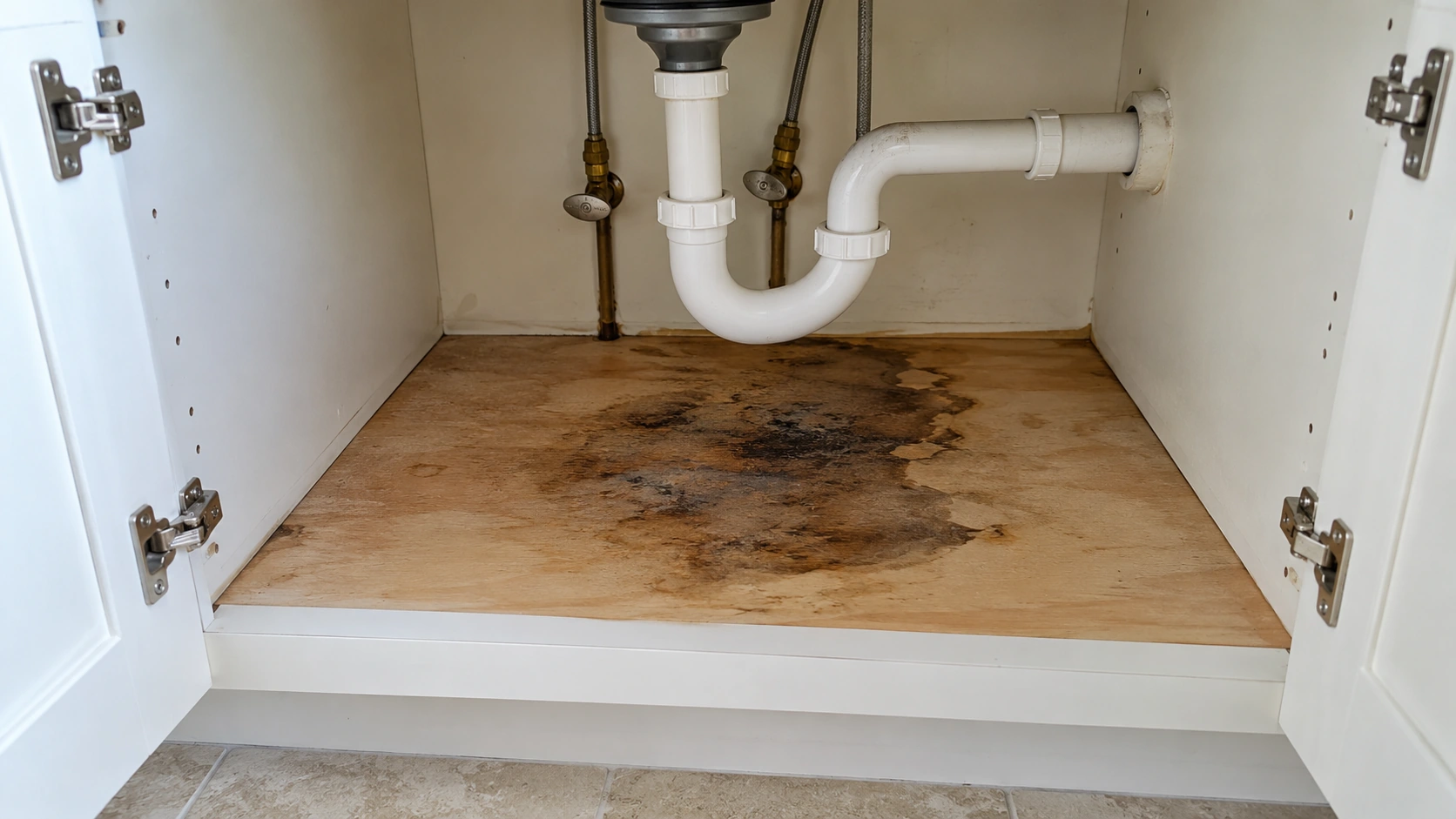 A dark stain on the floor of a sink cabinet.