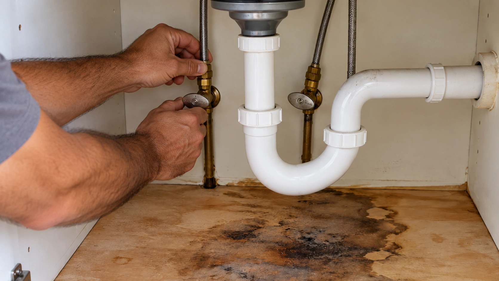 A plumber's hands on a shutoff valve under a sink, head out of frame.
