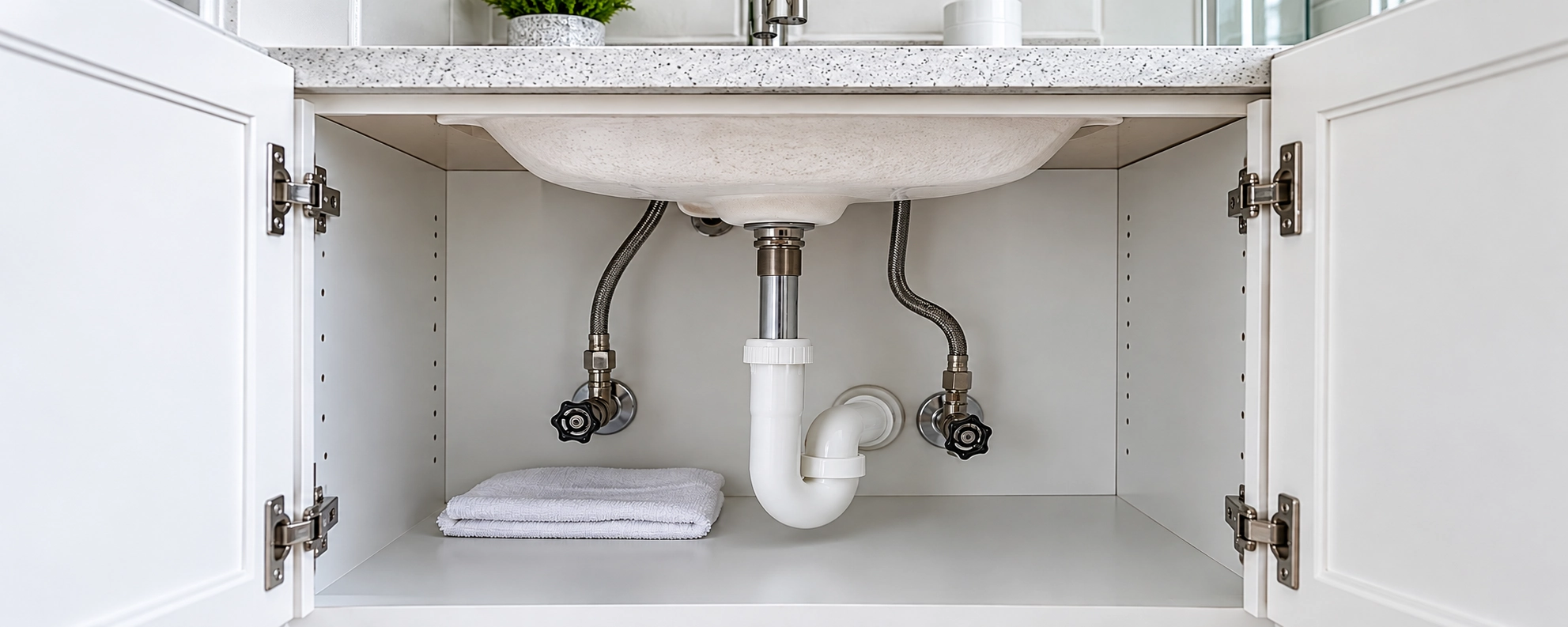 A bathroom sink supply line and shutoff with a white cloth beneath it
