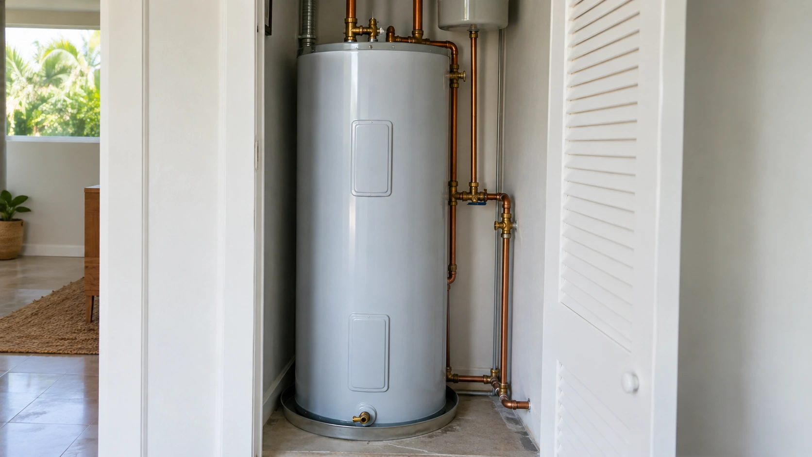 A residential water heater and the lines beside it in a utility closet.