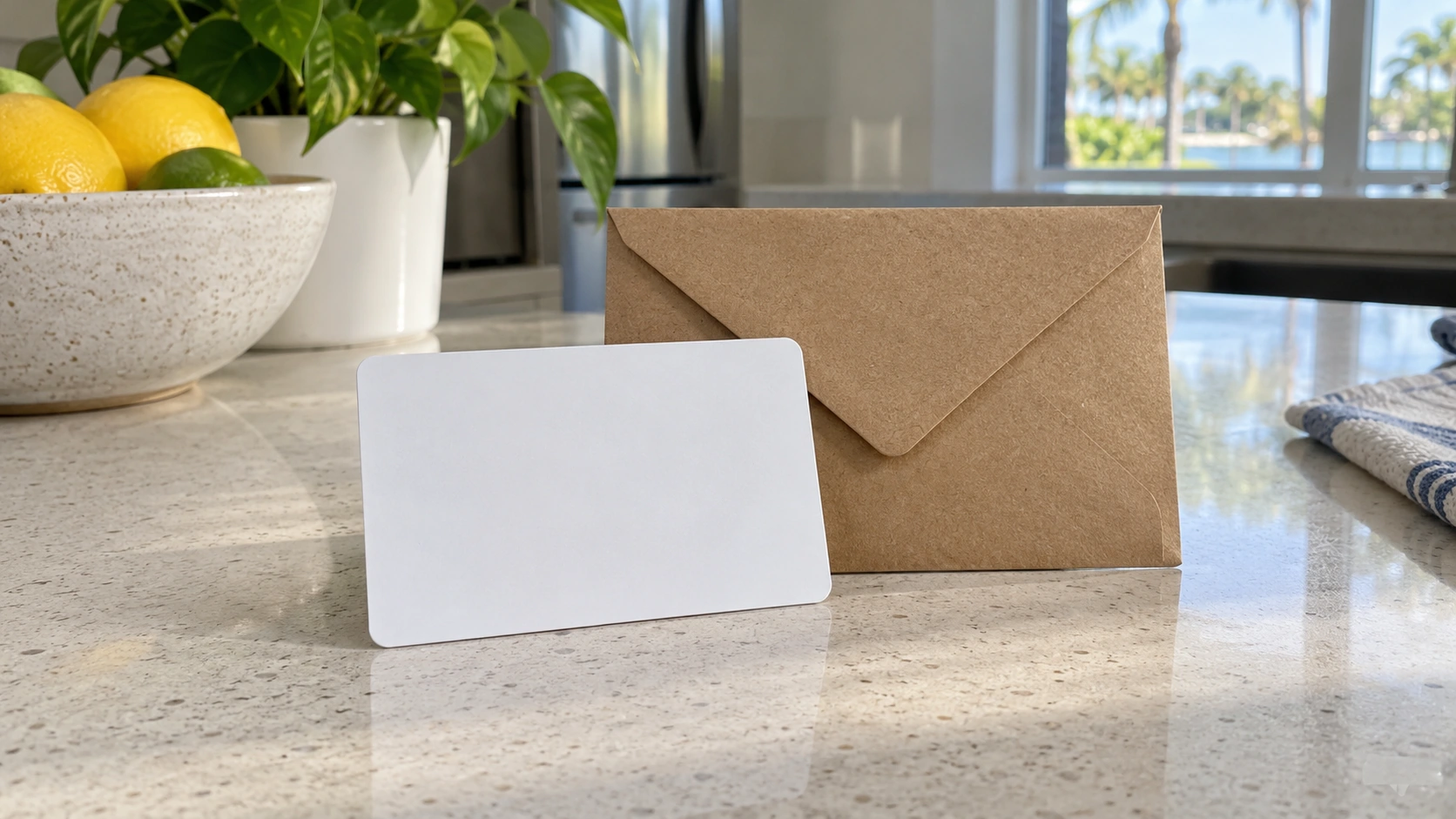 A plain unmarked card and a kraft envelope on a kitchen counter.