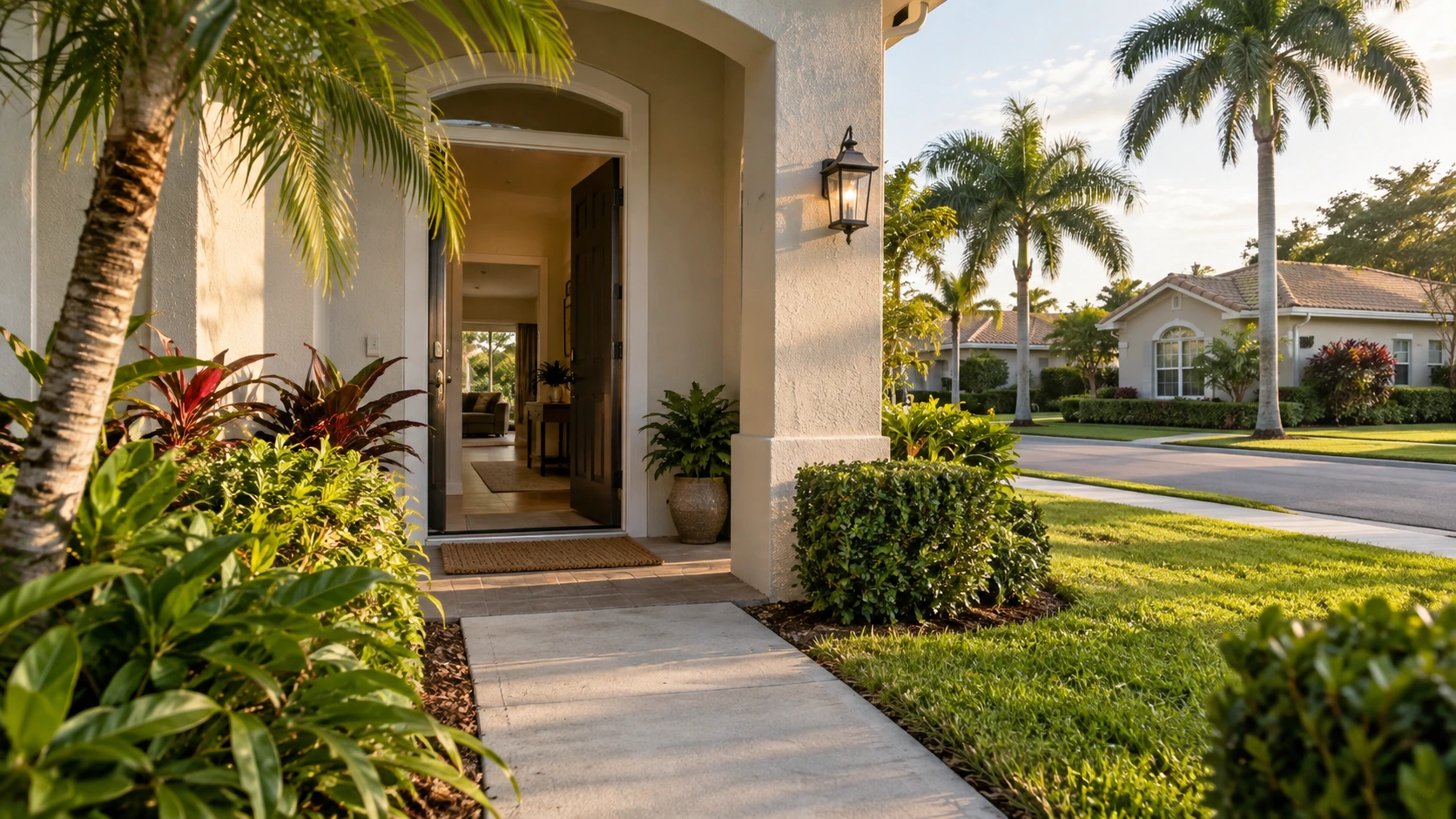 A South Florida front walk between houses, with no one in the frame.
