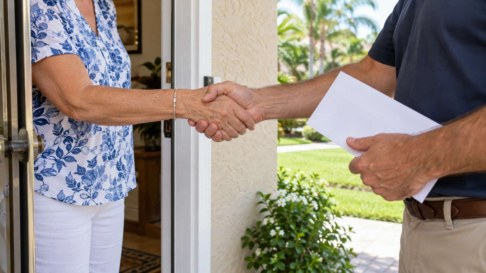 Neighbors greeting at a house doorway
