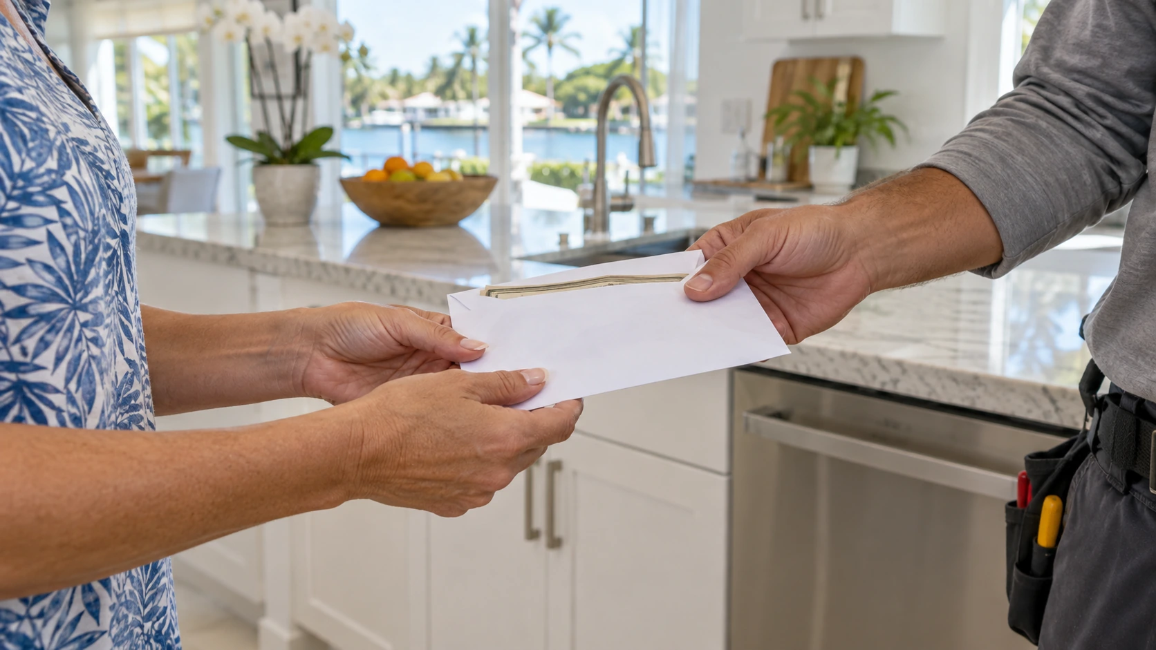 A customer receiving a plain envelope in a sunlit kitchen