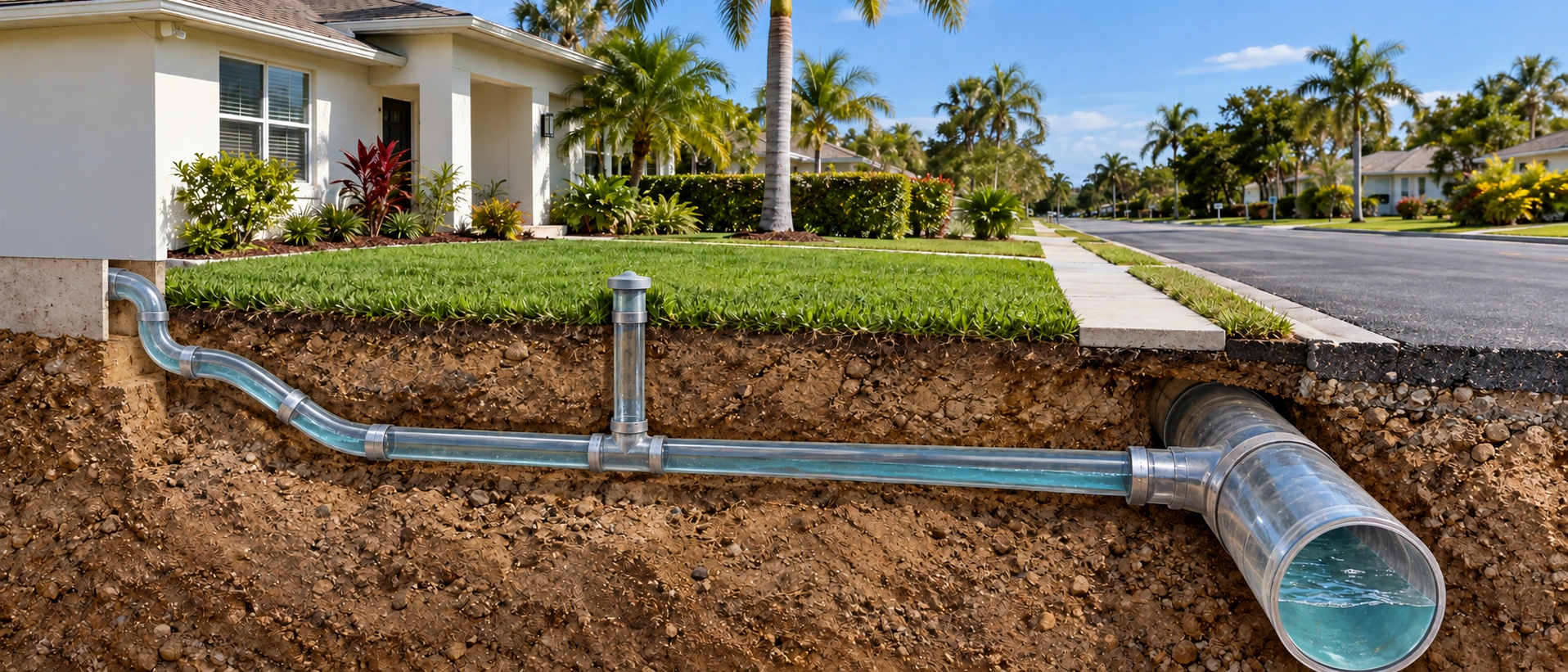 A South Florida house yard cut away to show a smaller clear house line, one lawn cleanout, and the larger clear city main under the street, with water inside both pipes