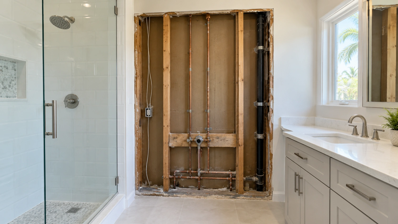 An open bathroom wall with supply pipes, and the finished room beside it left alone.