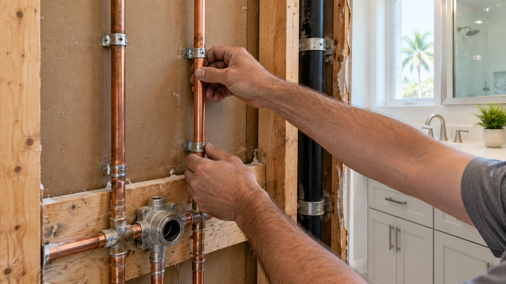 A plumber's hands setting a pipe in an open wall, head out of frame.