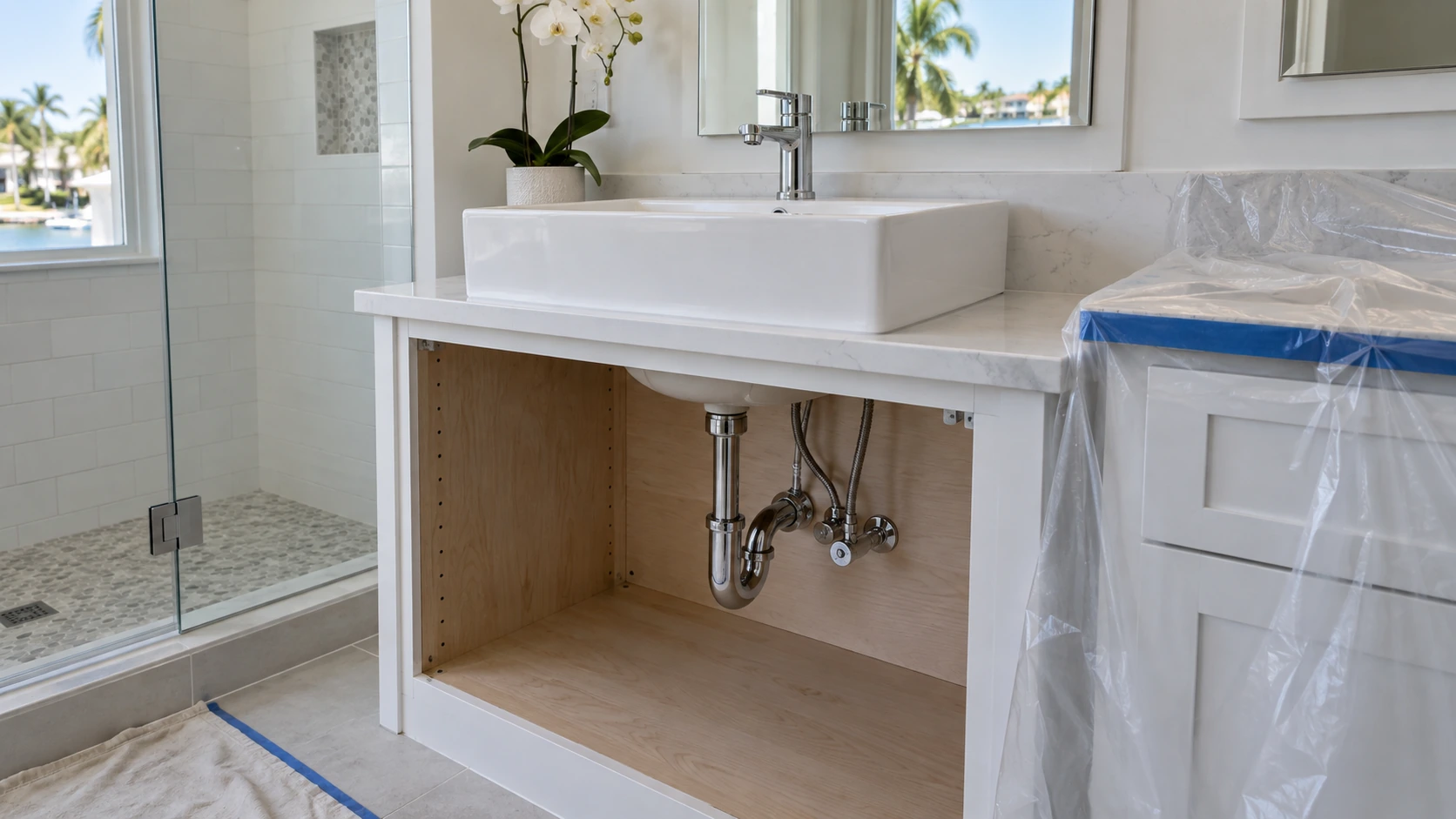 New bathroom plumbing in a vanity beside finished tile