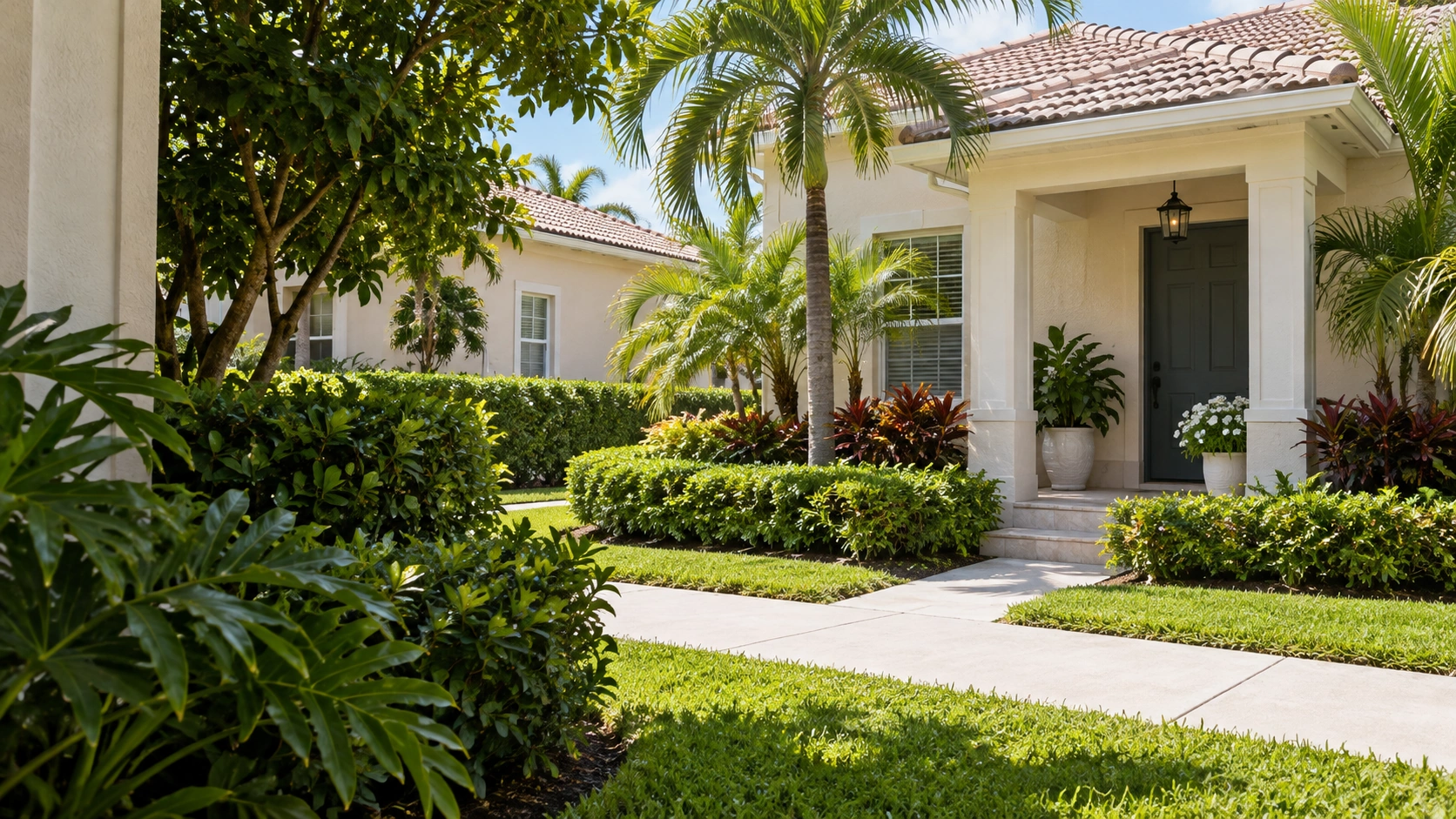 Two neighboring South Florida homes and their front yards