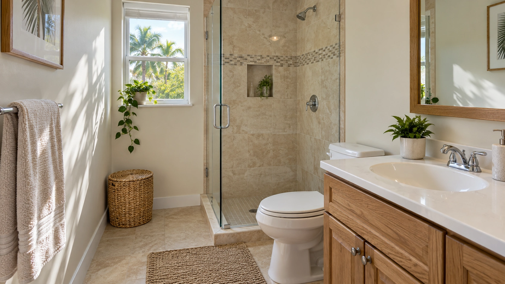 A residential bathroom with a toilet, basin, and chrome fixtures