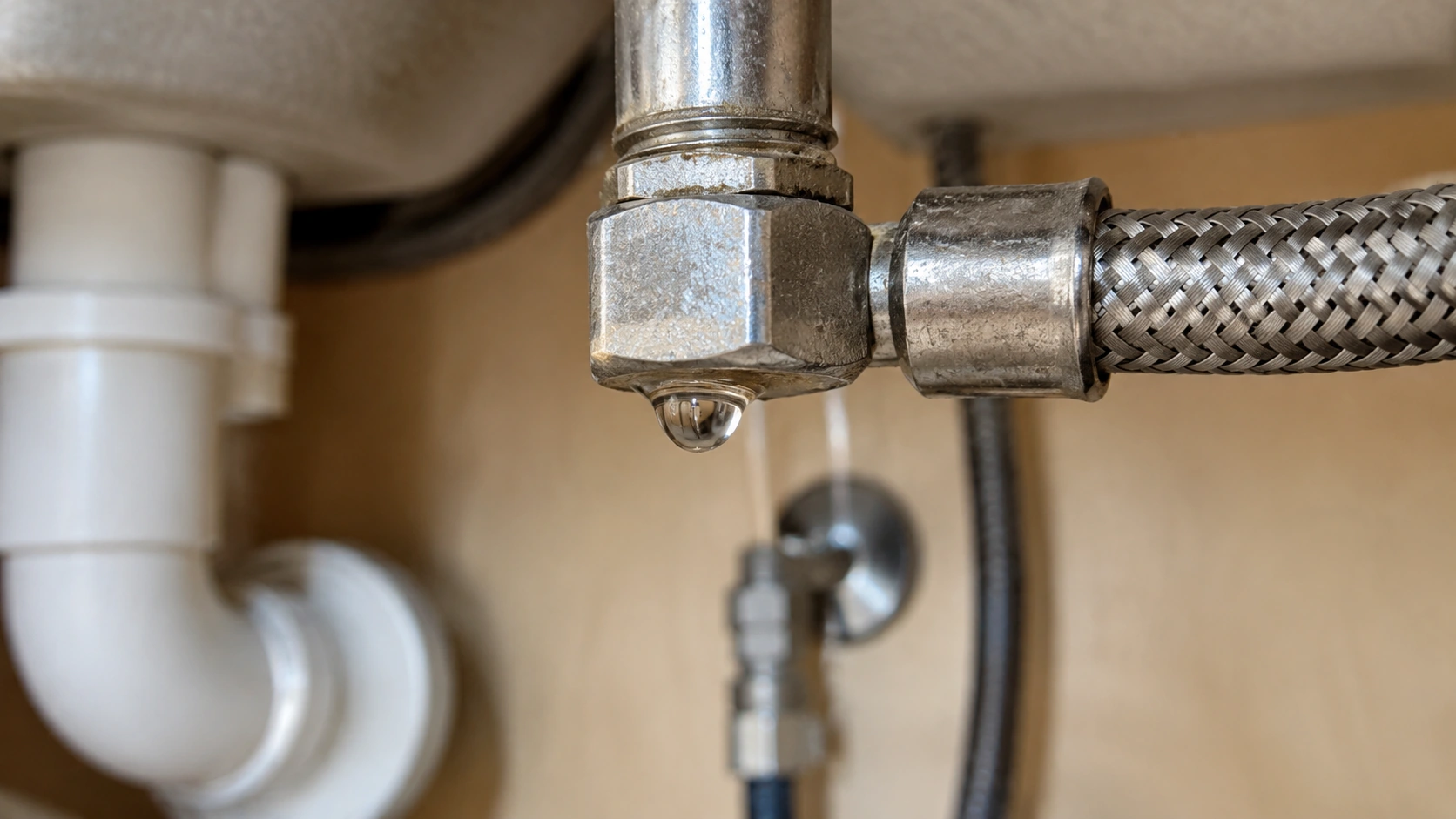 One drop on a supply nut under a kitchen sink.