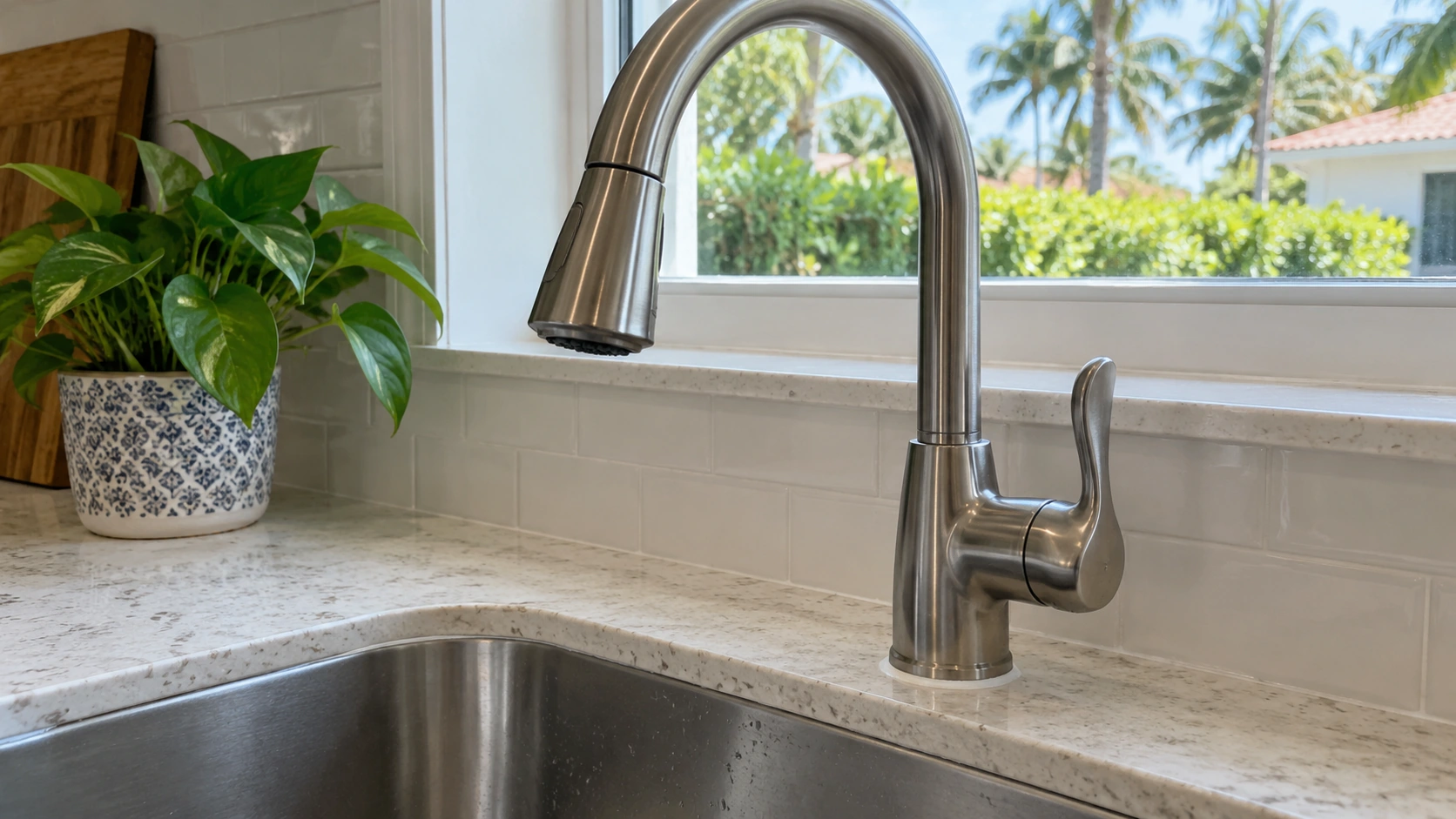 A new kitchen faucet on a sink deck.