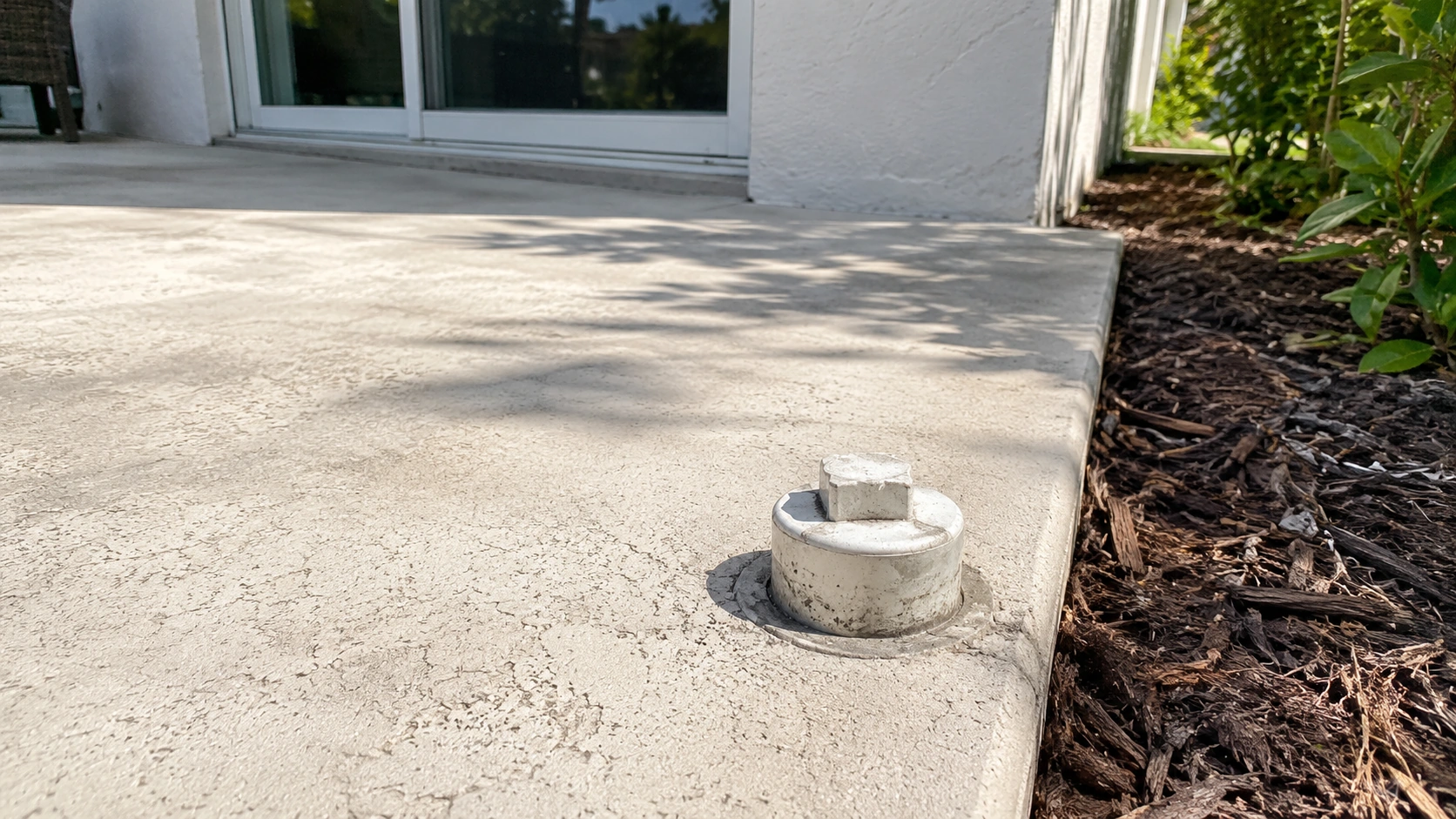 A closed cleanout cap at a concrete patio edge.