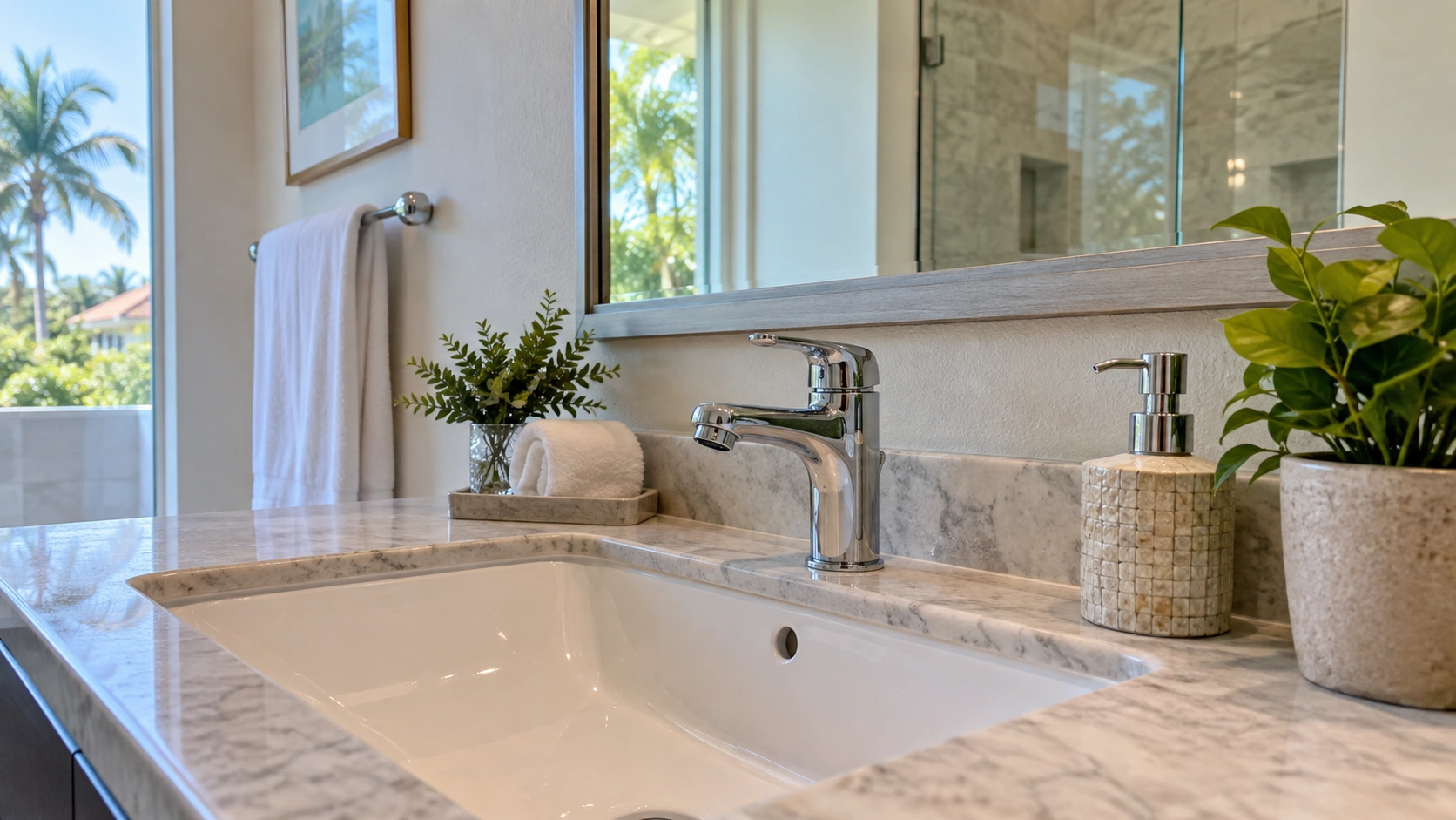 A chrome faucet on a white bathroom basin.