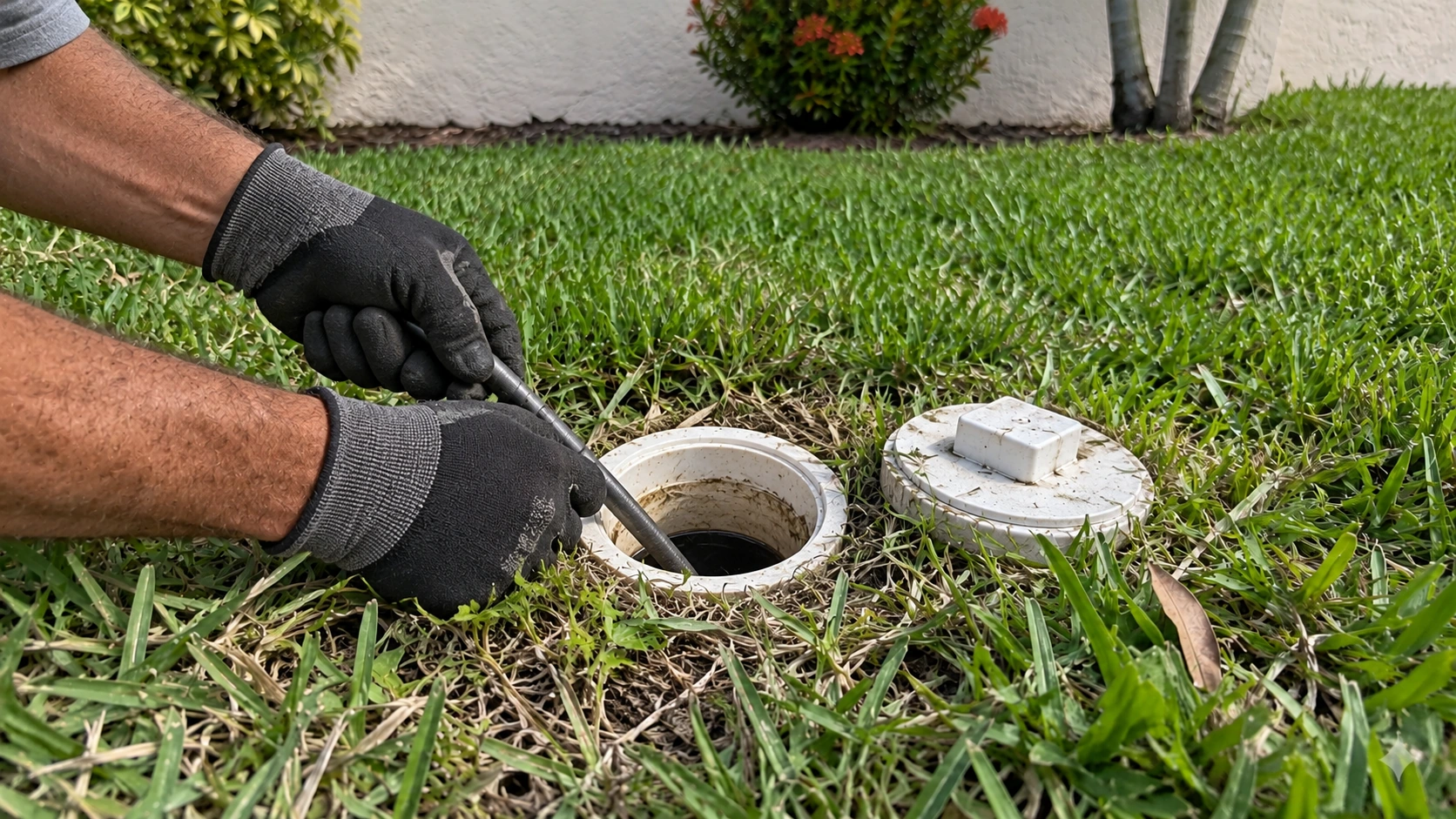 A plumber's hands at a yard cleanout, head out of frame.