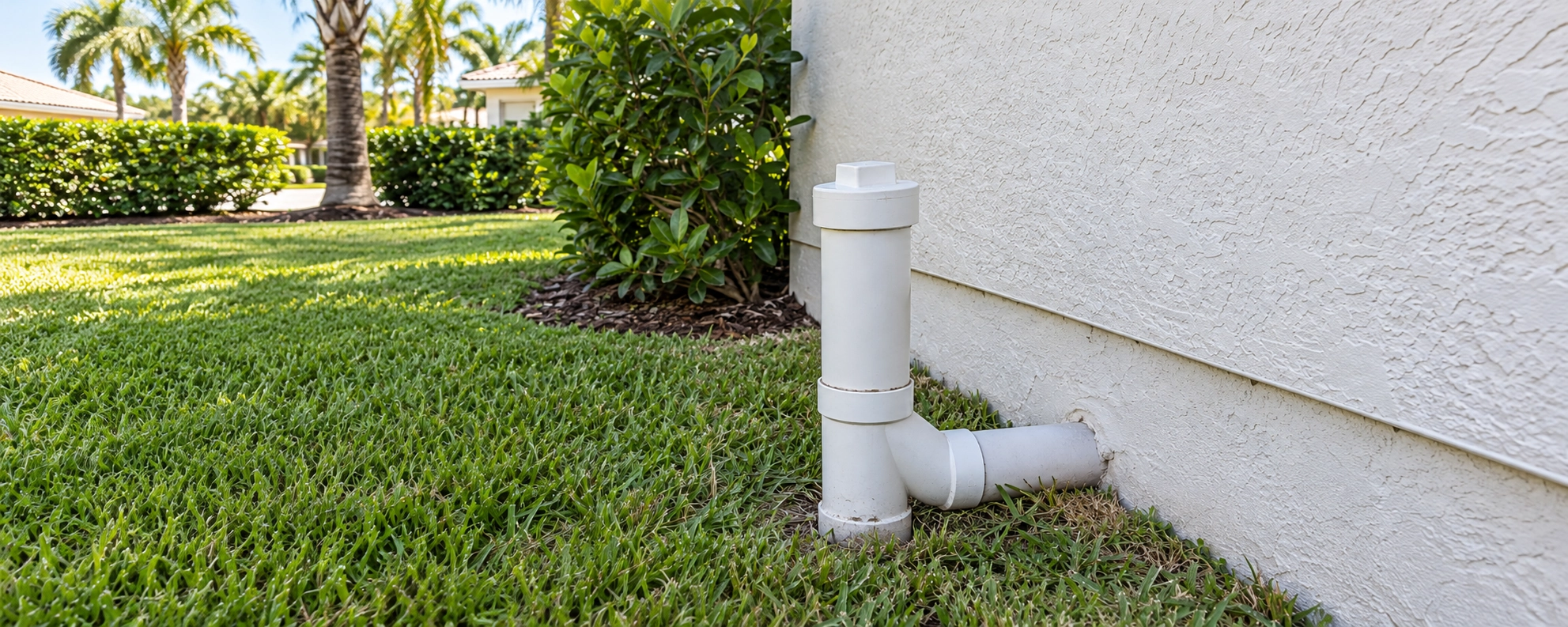 A closed sewer cleanout cap beside a sunlit South Florida house wall