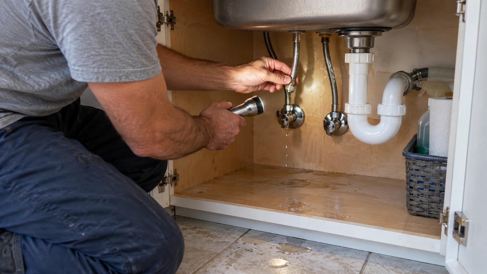 A plumber's hands examining a wet sink supply fitting with a flashlight