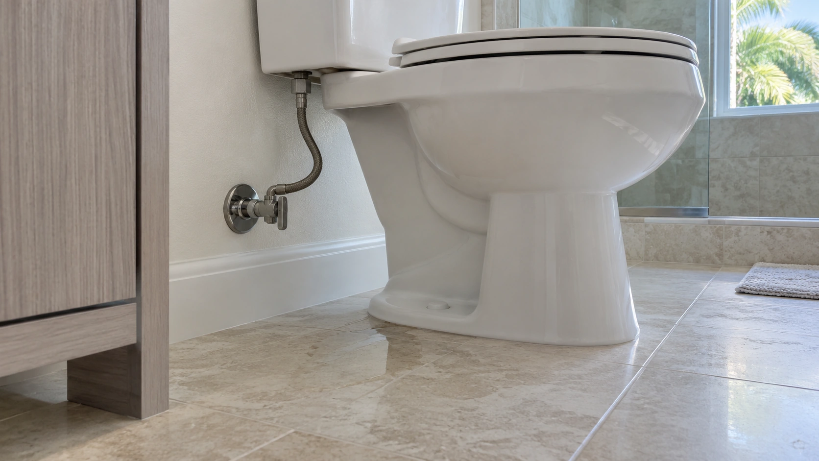 A toilet supply line with a wet floor beside the bowl.