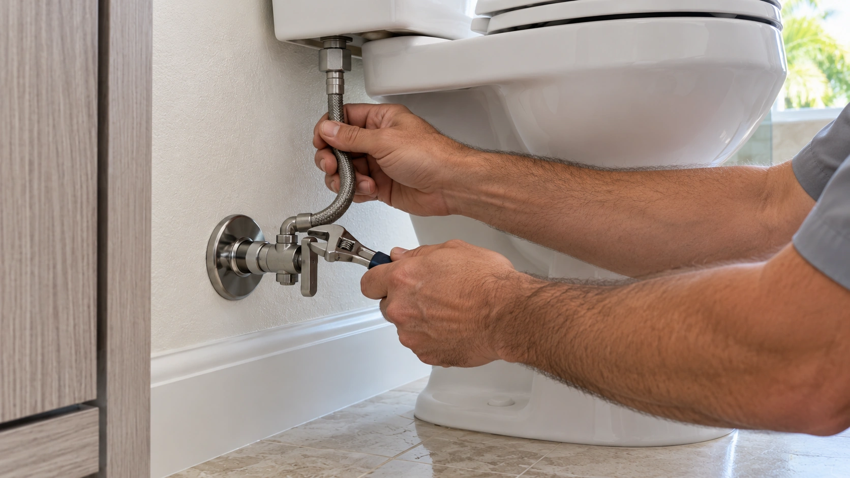 A plumber's hands on a toilet supply valve, head out of frame.